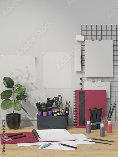 Minimal Creative Studio Workspace Mockup with Art Supplies and Blank Poster Templates