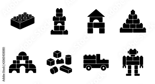 Building Blocks Icons, Construction Toys Vector Set, Playful Shapes, Kids Creativity Elements
