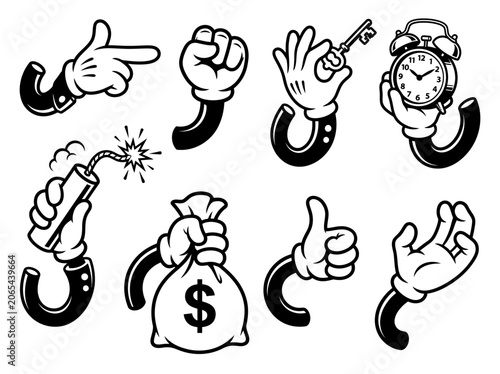 Retro Cartoon Gloved Hands Set with Money Bag, Clock, and Bomb Icons