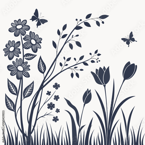 Obraz na plátně Illustration of flowers with butterflies and leaves illustration butterfly botan
