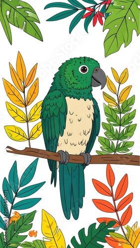 Colorful Green Parrot Perched on Branch Surrounded by Tropical Leaves
