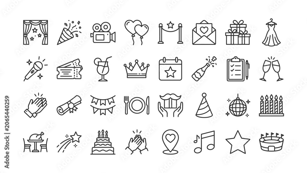 Fototapeta premium Comprehensive collection of line icons depicting various event party and celebration elements on transparent background