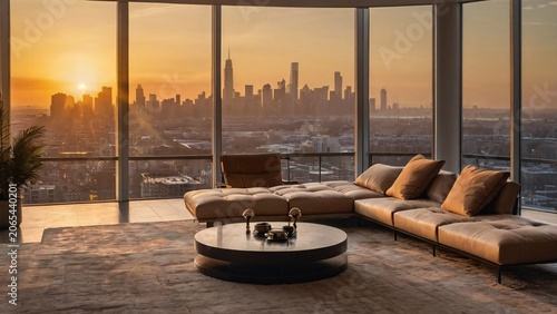 Luxury penthouse living room with modern furniture overlooking a city skyline at sunset