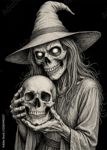 Scary skeleton witch holding a human skull dark art illustration