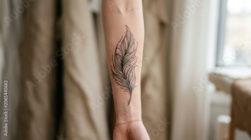 Delicate Feather Tattoo on Female Forearm, Black Ink, Minimalist Body Art