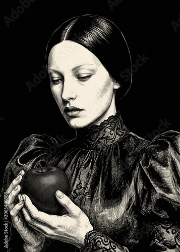 Melancholic Victorian Woman Portrait in Black and White Vintage Gothic Style