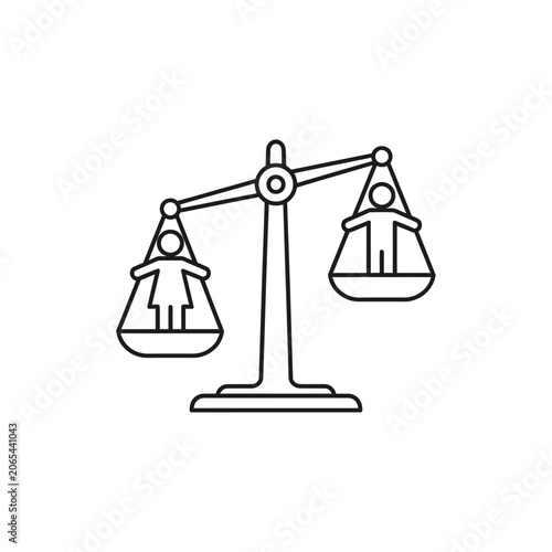 Line icon representing gender inequality with figures on scale