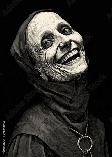 Creepy Smiling Hooded Woman Portrait Psychological Horror Concept