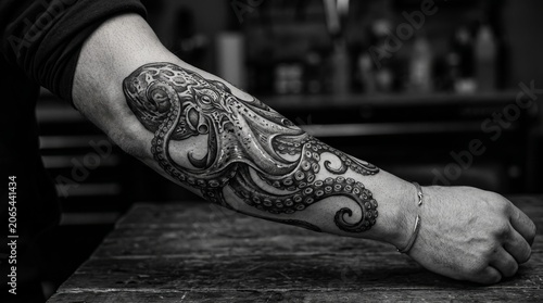 Detailed Octopus Tattoo on Male Forearm, Black and White, Realistic Art