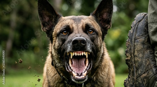 Aggressive Belgian Malinois Dog Barks and Snarls, Showing Teeth Next to Soldier's Boot