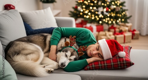 Cozy Christmas nap: Person and Husky dog sleeping together on couch with tree