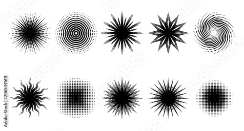 Set of Diverse Abstract Geometric Shapes and Sunburst Icons