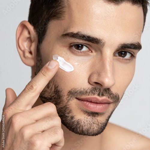 Retrato en primer plano de un hombre joven modelo con una piel facial suave y saludable dándose crema rejuvenecedora sobre la piel. Concepto de cuidado masculino