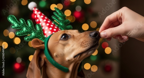 Cute Dachshund Dog Wearing Antlers and Party Hat, Receiving Treat Near Christmas Tree