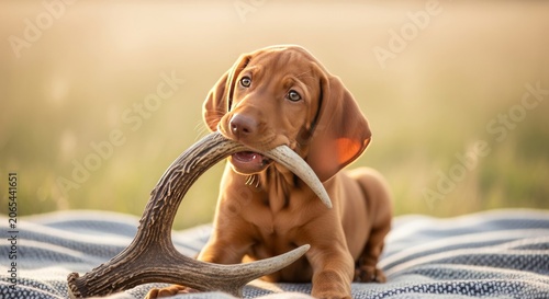 Adorable Vizsla Puppy Chewing on Deer Antler Outdoors at Sunset