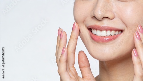 Close up of beautiful woman smiling showing perfect white teeth, dental care and oral hygiene concept, healthy lifestyle beauty portrait