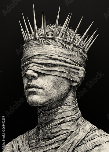 Blindfolded Figure Wearing a Spiked Crown in Dark Gothic Concept Art