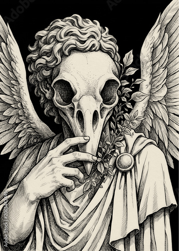 Dark Angel with Bird Skull Mask and Wings Macabre Dark Fantasy Art