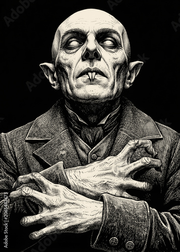 Classic Nosferatu Vampire Portrait in Vintage Monochrome Engraving Style