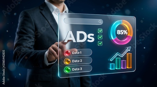Businessman interacting with digital ad data dashboard on futuristic interface screen