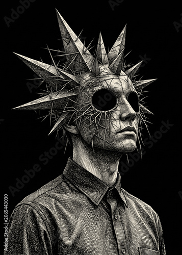 Surreal Horror Portrait of Man with Spiked Protrusions