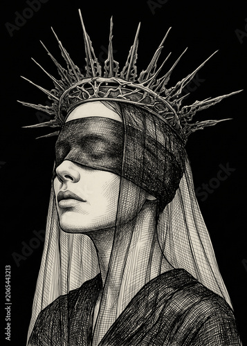 Blindfolded Woman Wearing Spiked Crown Gothic Dark Art