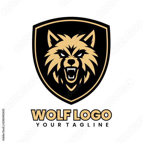 Angry roaring wolf head in shield logo with placeholder template wild animal growling aggressive strength