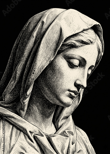Sorrowful Veiled Woman Portrait Monochromatic Engraving Style