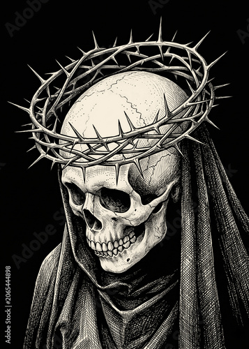 Dark Concept Skull Wearing a Crown of Thorns and Veil