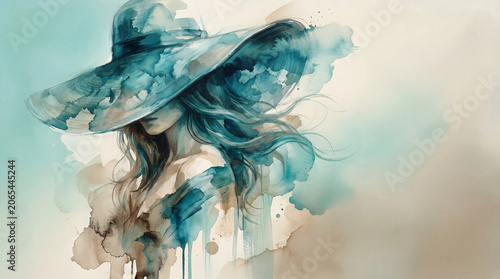 Woman portrait illustration for fashion poster with teal hat and soft watercolor style