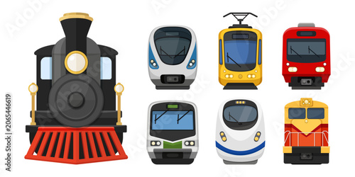 Modern speed train icon set collection in flat colorful style. Railroad transport vector illustration on isolated background. Locomotive sign business concept.