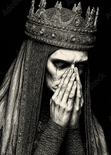 Dark Gothic Portrait of a Sorrowful Crowned Figure in Monochrome