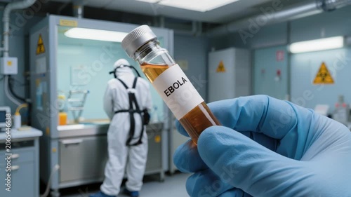 Close-up gloved hand holding Ebola vial in modern medical laboratory. Scientist in hazmat suit working in background with biohazard signs. Biotechnology, medical research and vaccine concept.