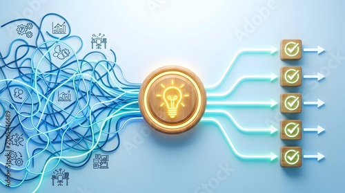 Tangled blue cables passing through wooden lightbulb button into straight glowing checkmark paths Concept of digital workflow optimization creative problem solving and business process automation