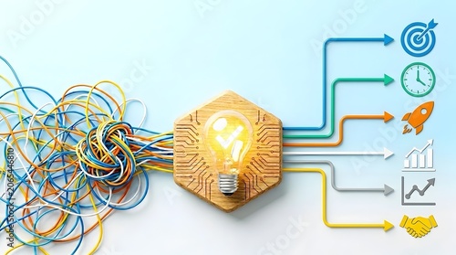 Tangled colorful wires entering wooden hexagonal node with lightbulb turning into straight target paths Concept of startup business incubation time management strategy and operational goal achievement