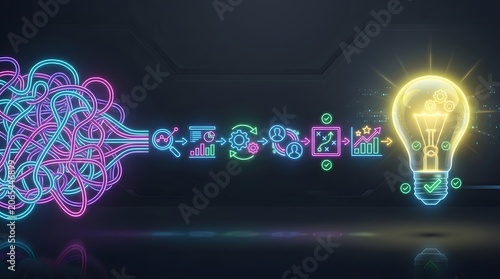 Tangled neon lines and business icons transforming into glowing lightbulb Concept of strategic planning workflow resolution and problem solving