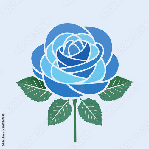 Stylized Blue Rose with Green Leaves on Light Blue Background