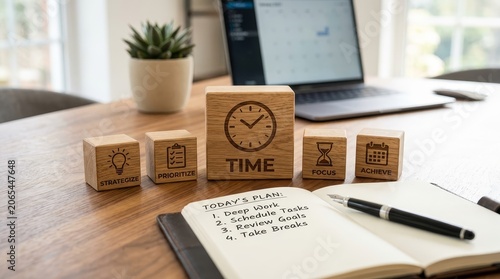Wooden blocks with time management icons on a desk