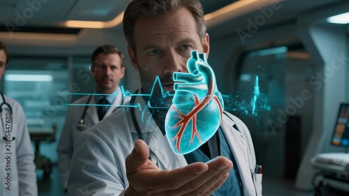 Close-up hand holding glowing holographic heart with highlighted points in modern medical laboratory. Doctor in background. Futuristic cardiology, medical technology and healthcare concept.