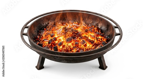 Hot glowing charcoal embers in a round metal brazier, radiating intense heat and orange light.