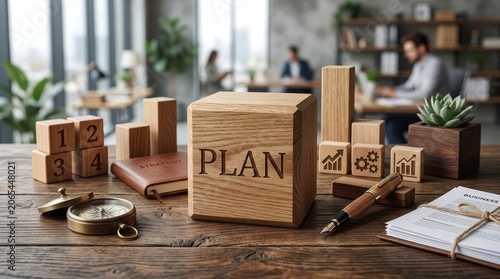 Wooden cube engraved with the word plan on a business desk