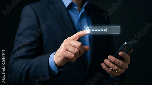 Secure Login Authentication: A businessman in a suit uses a smartphone to enter a password for secure login, represented by a padlock icon and asterisks on a digital interface.