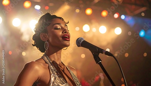 A woman in a shiny dress singing into a microphone on stage