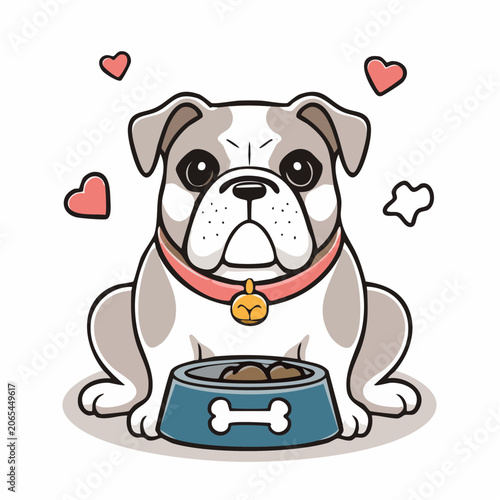 Cute Bulldog with Food Bowl and Hearts
