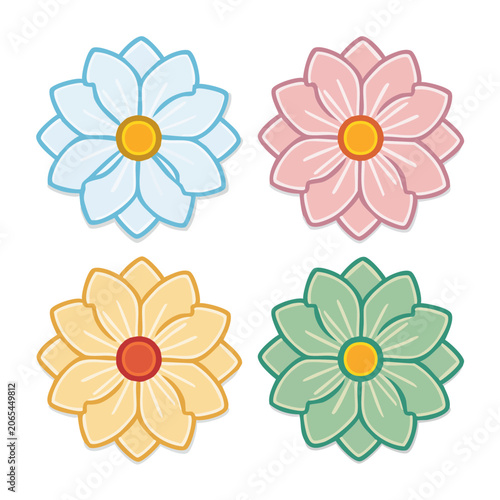 Four colorful flat design flowers on white background