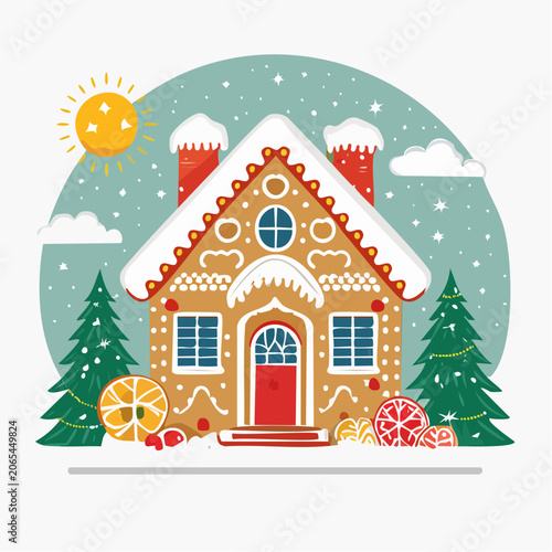Gingerbread House with Christmas Decorations and Winter Scene