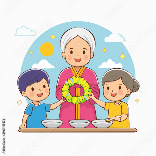 Grandmother and Children Making Garland