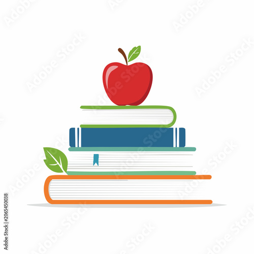 Stack of Books with Red Apple and Leaves