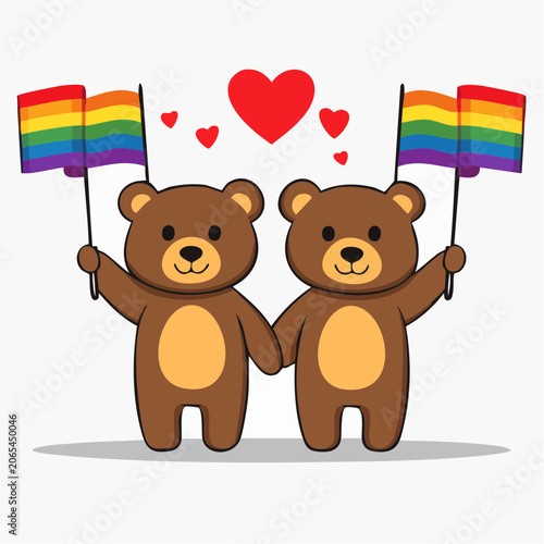 Two Teddy Bears Holding Rainbow Flags and Hearts