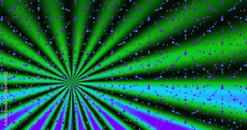 Abstract motion background with vibrant purple and orange radial sunburst patterns, interconnected glowing yellow dots forming a geometric grid structure.